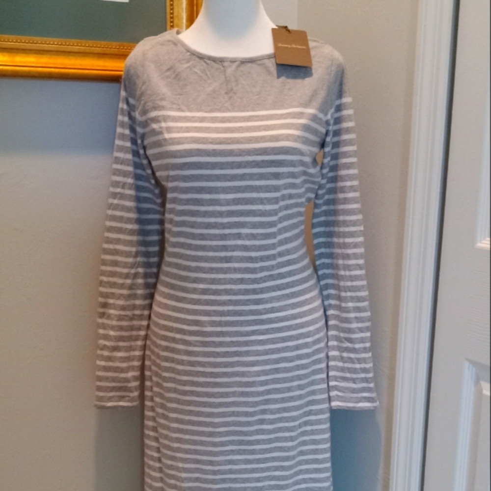 Tommy Bahama Long Length Gray Striped Long Sleeve Dress